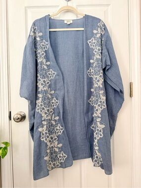 Style & Co Blue Embroidered Cotton Blend Open Front Kimono Cover Up Size XXL